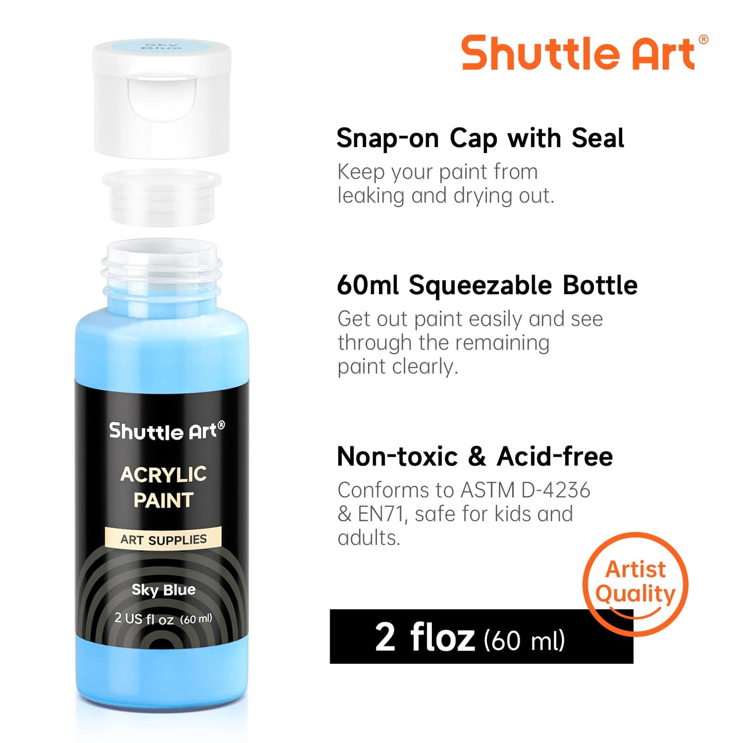 Shuttle Art Acrylic Paint, 25 Colors Acrylic Paint Set, 2oz/60ml Bottles, Rich Pigmented, Waterproof, Premium Acrylic Paints for Artists, Beginners and Kids on Canvas Rocks Wood Ceramic Fabric