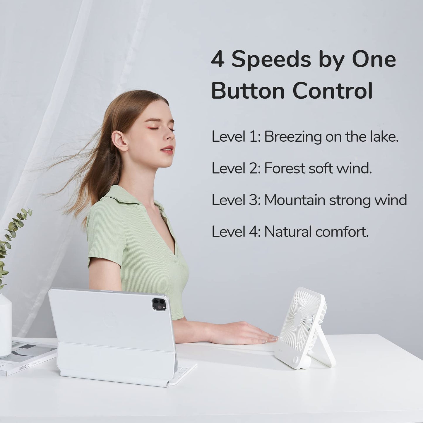 JISULIFE Desk Fan Battery Rechargeable, 4500mAh 180°Foldable Portable Personal Fan, 4 Speeds Adjustable Long Battery-life for Home Office Travel Outdoor-White