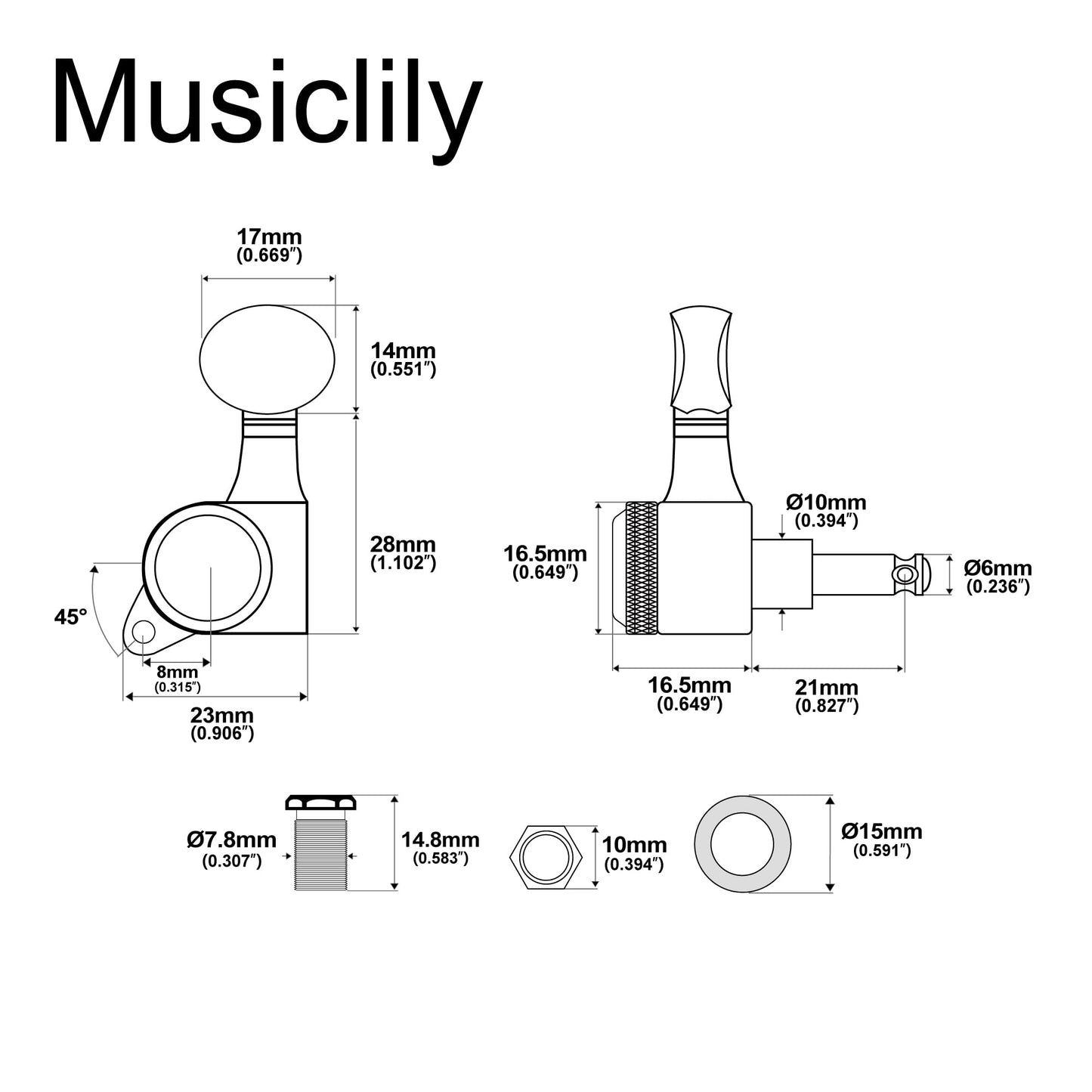 Musiclily Pro Left-Handed 6-in-line 18:1 Ratio Full Sealed Locking Machine Heads Tuners Tuning Pegs Keys with Vintage Oval Button 45 Degree Screw for Strat Tele Style Electric Guitar, Chrome