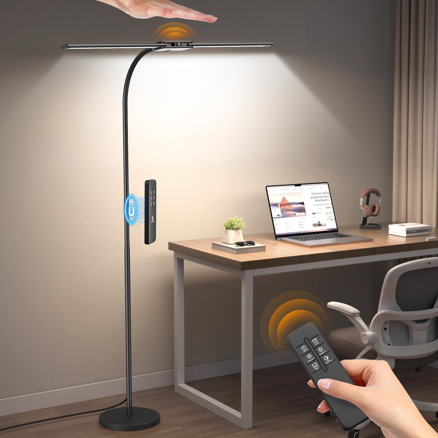 Syrinx LED Floor Lamp with Dual Head for Living Room,Gooseneck Tall Standing Lamp with Remote Control & Gesture Switch,14W Bright Eye-Caring Floor Lamps for Home Office,Reading,Working, Sewing,Tattoo
