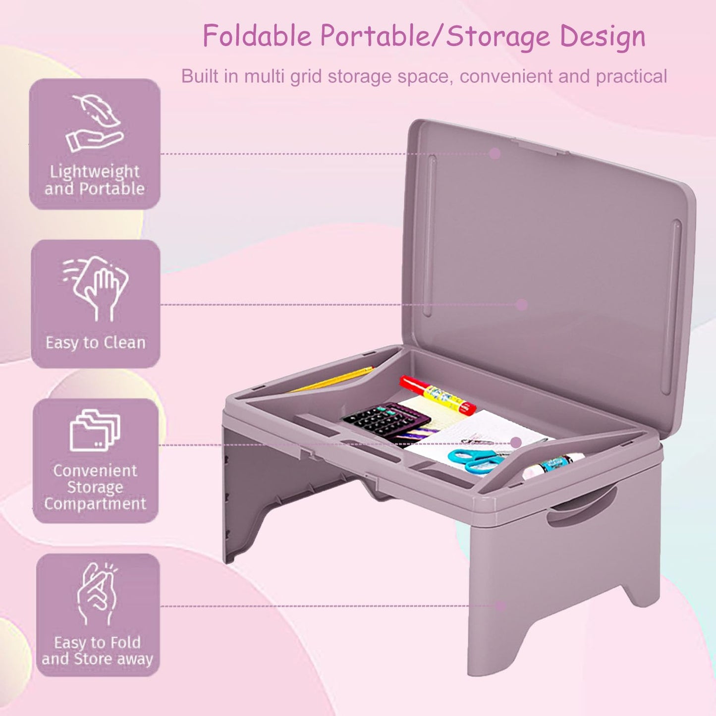Tlingsd Folding Lap Desk for Bed with Compartments Storage Pocket,Color Foldable Laptop Table for Children's Activities,Bed Desk,Laptop Desk, Breakfast Table, Bed Table, Serving Tray (Purple)