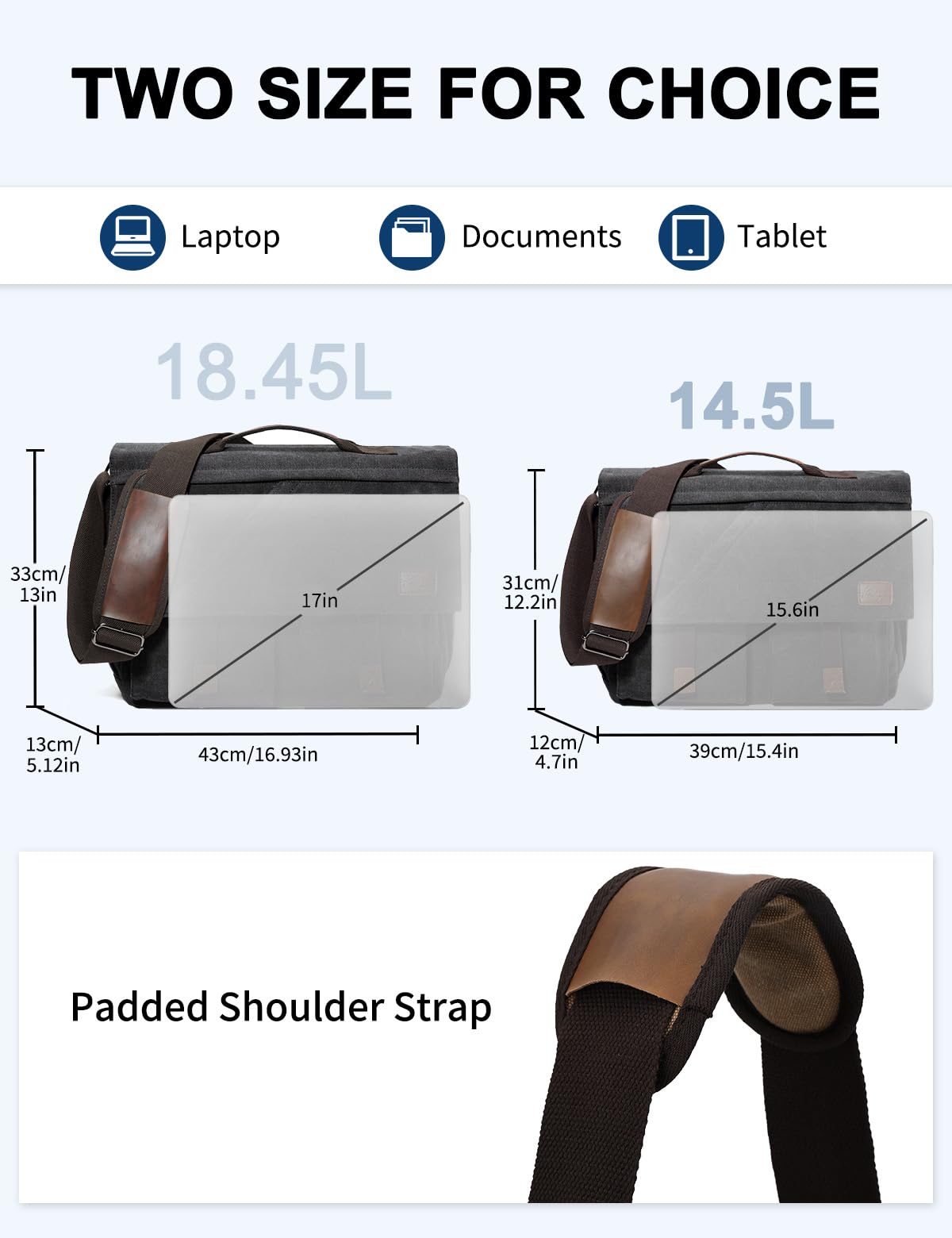 Messenger Bag for Men Women，Kasqo 15.6 Inch Large Canvas Laptop Bag Water Resistant Shoulder Bag Satchel Computer Briefcase for Office Business Travel School Dark Gray