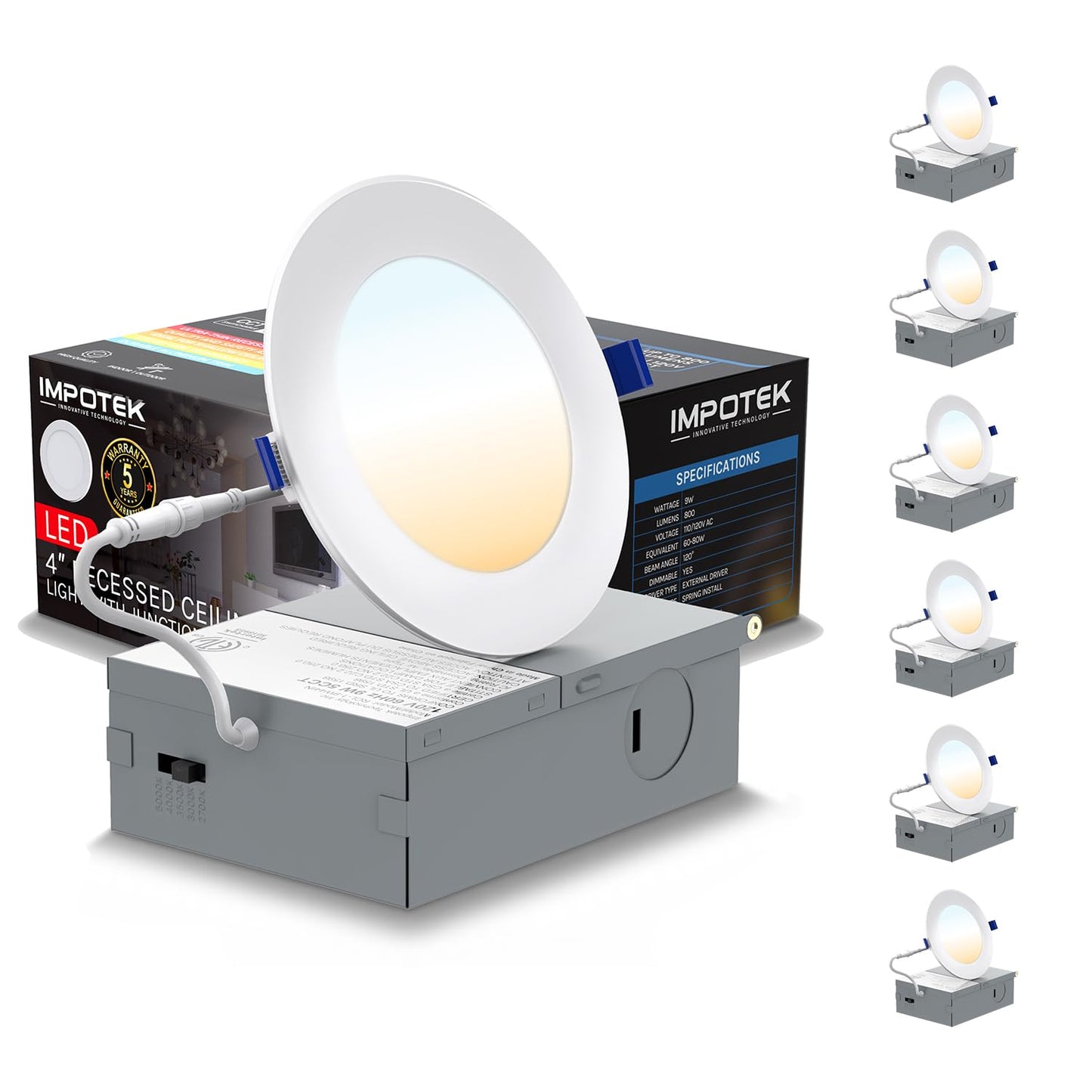 IMPOTEK 4 Inch LED Recessed Ceiling Slim Pot Lights with Junction Box 5 CCT 2700K/3000K/3500K/4000K/5000K Dimmable ICRated ETL Energy Star Listed 9W 800LM - RCL1-9W4IN (Pack of 6)