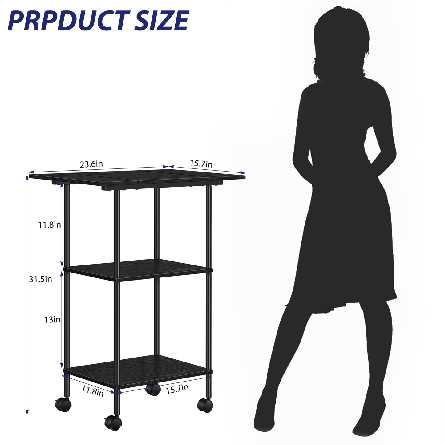 Shinoske Black Printer Stand with Storage,3 Tier Large Printer Table with Wheels for Home Office,Rolling Printer Cart with Storage Shelf,for Under Desk,Living Room,Kitchen