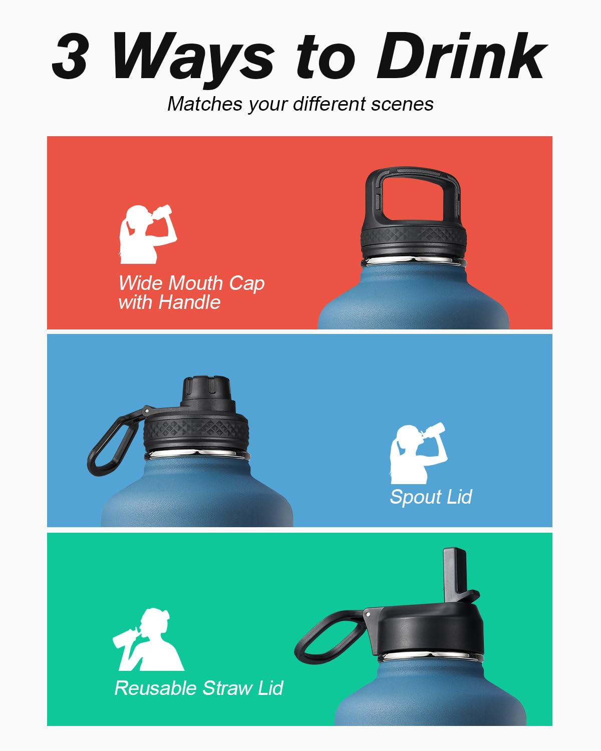 Half Gallon Water Bottle Insulated with Straw & 3 Lids, Coolflask 64 oz Water Jug Large Metal Stainless Steel Wide Mouth for Sports, Gym or Office, BPA-Free Keep Cold 48H Hot 24H, Magic Black