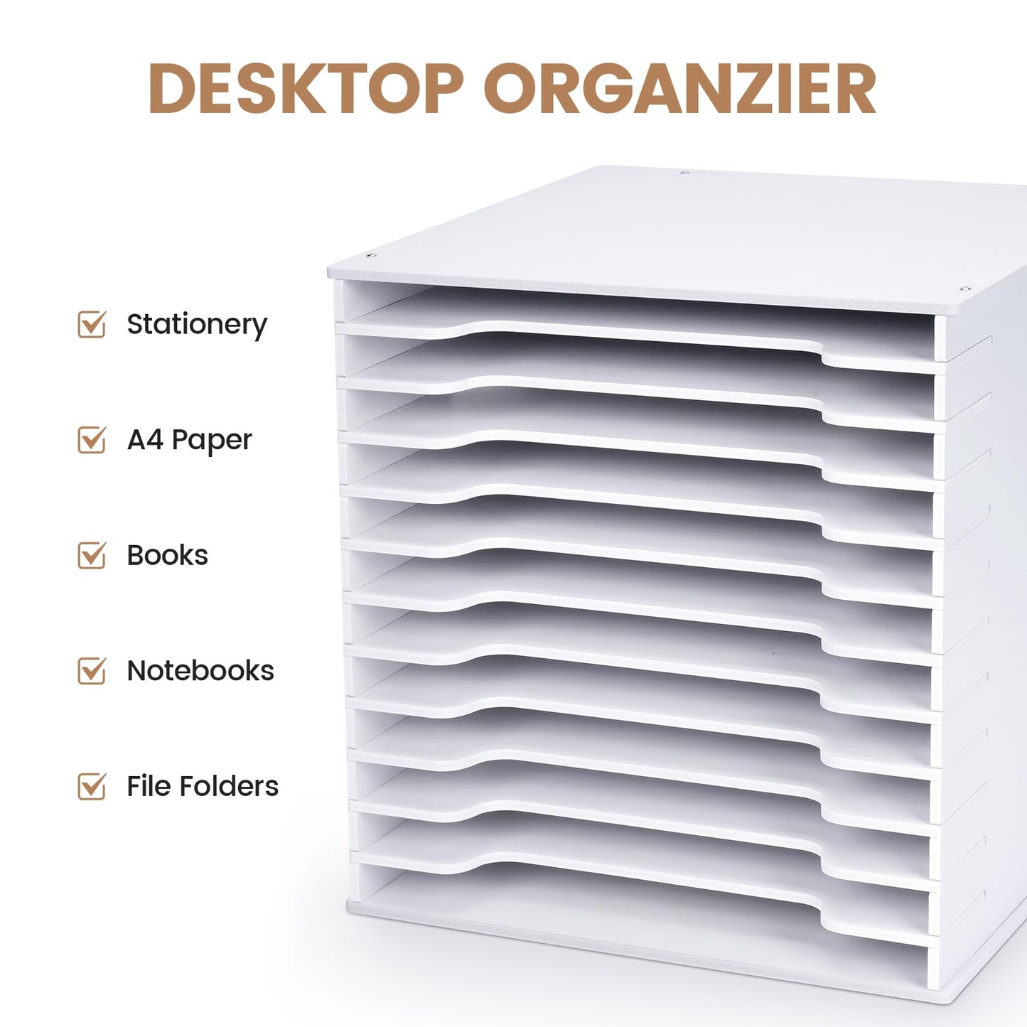 bimiti Scrapbook Paper Organizer - Adjustable 12-Slot Desktop Shelf, 12x12 Paper Storage Cube with Letter Tray for Home Office - White