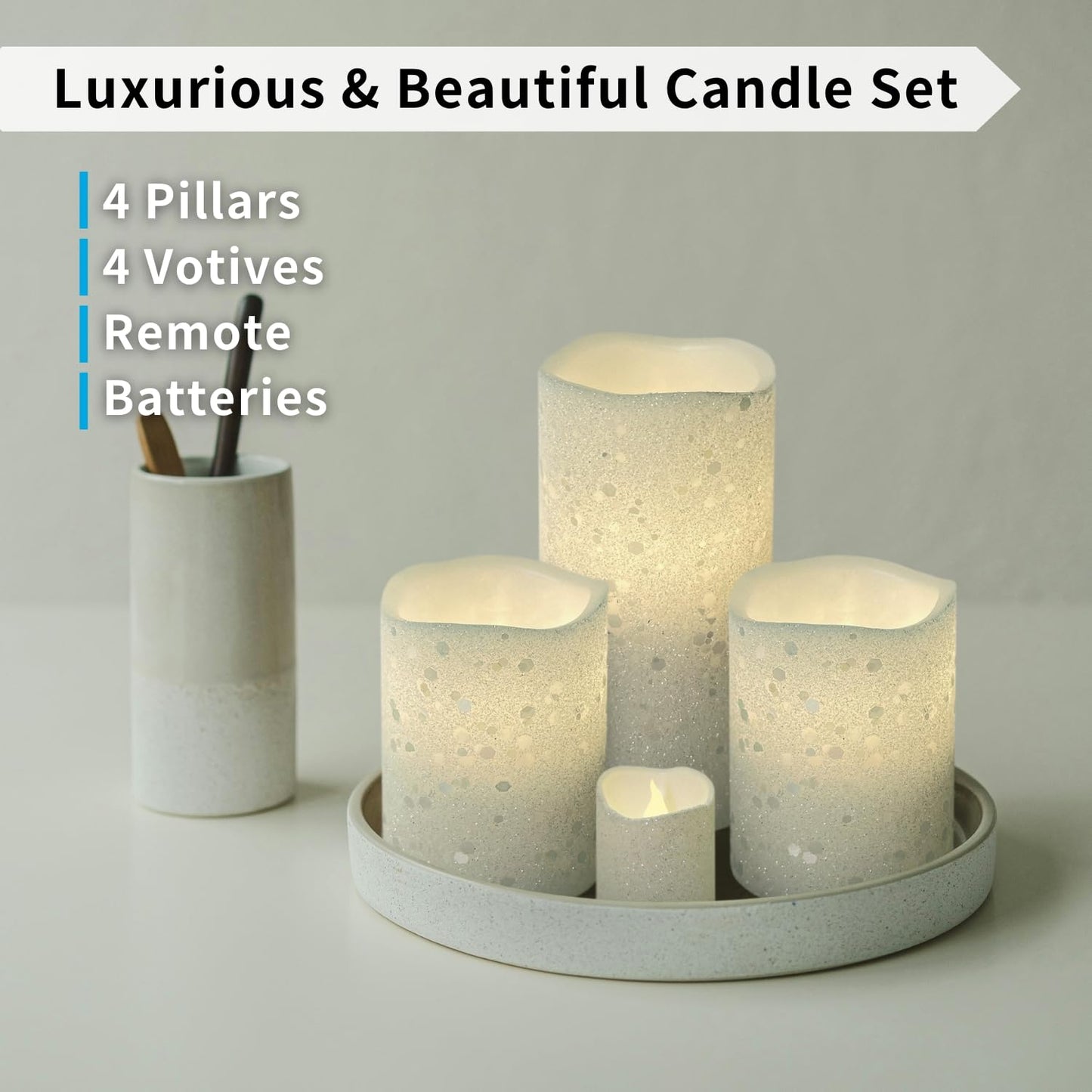 FURORA LIGHTING White Glitter Real Wax Flameless LED Candles with Remote & Timer (2/4/6/8 H), Battery Operated for Safety and Elegance, Pack of 8
