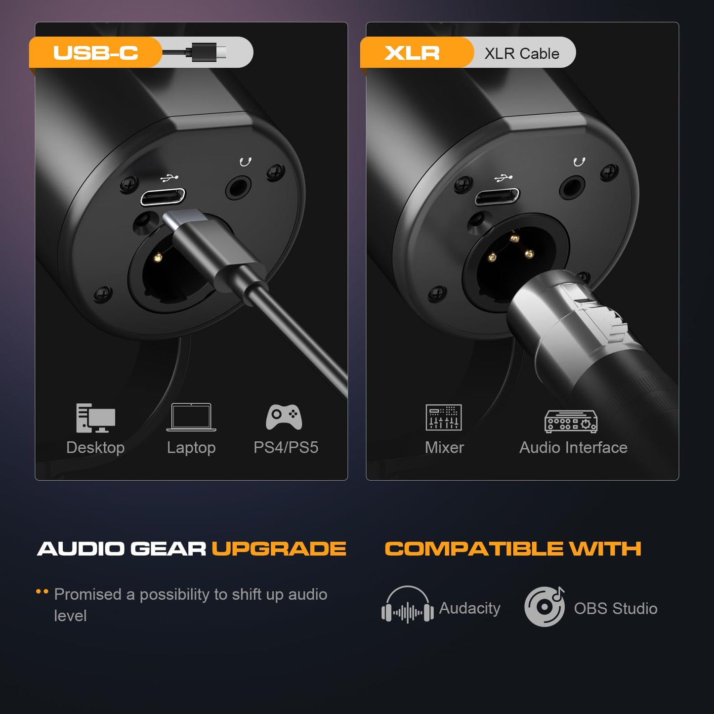 PUPGSIS USB/XLR Dynamic Microphone, 24Bit/96kHz Studio Recording, Gaming Mic with RGB, Mute, Noise Cancellation & Headphone Jack for PC, Podcast, Streaming, Singing (Black)