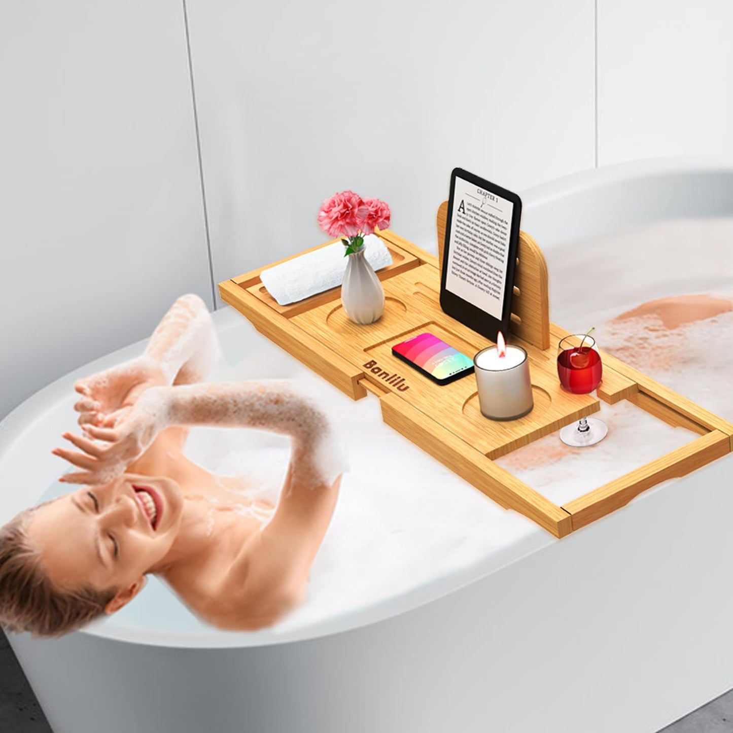 Premium Bamboo Bathtub Tray Caddy - Bath Tray Adjustable - Bathroom Trays for Bathtub,Expandable Size, Fits Most Bath Tubs