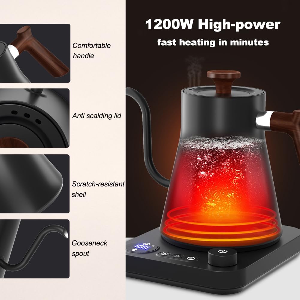 TanChihl Electric Gooseneck Kettle 304 Stainless Steel Electric Tea Kettle 0.9L Temperature Control Pour-Over Coffee and Tea Pot Quick Heating Hot Water Boiler (Black)