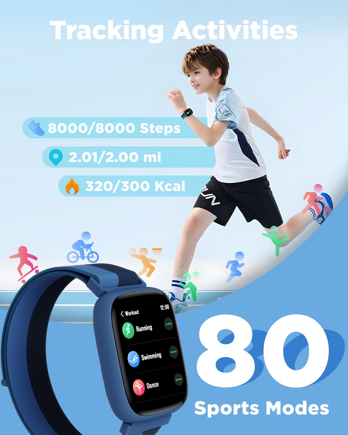 BIGGERFIVE Smart Watch for Kids, 1.8" Fitness Tracker Watch Pedometer, Heart Rate, IP68 Waterproof, Sleep Monitor, Calorie Step Counter, Puzzle Games with/Without APP for Girls Boys Teens 5-16, Nylon
