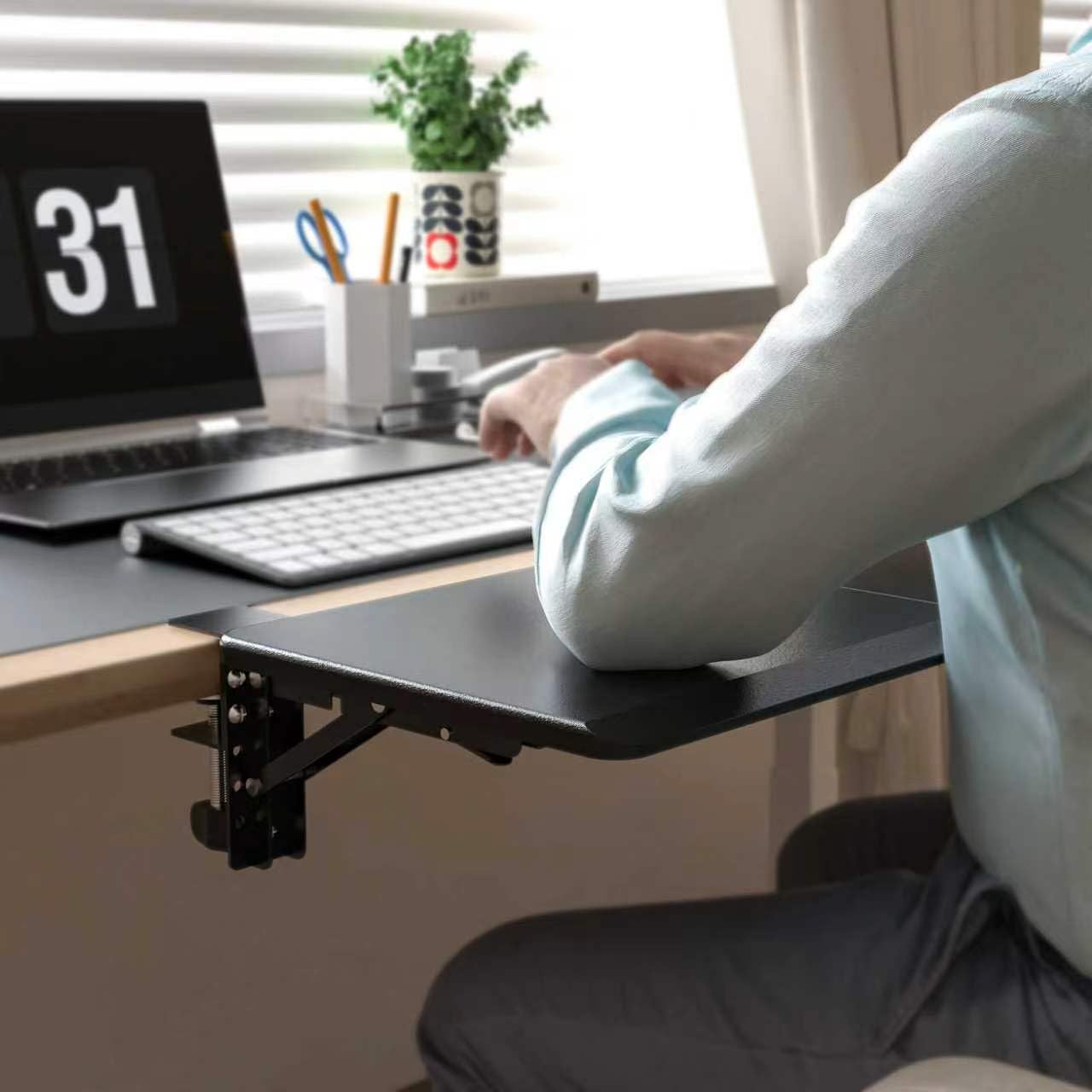 Ergonomics Desk Extender Tray, 25.6"x11.4" Large Size Foldable Keyboard Tray Platform Clamp On, Armrest Support for Home and Office, Black