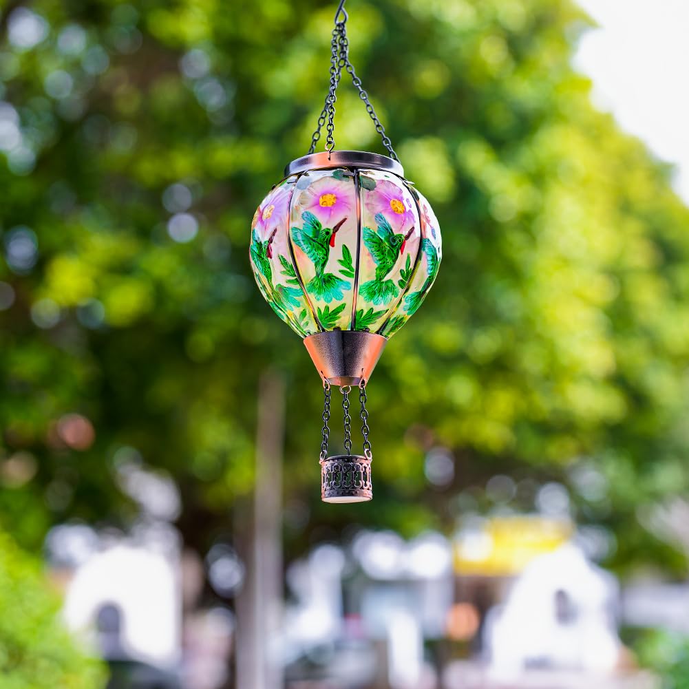 DREAMSOUL Hummingbird Hot Air Balloon Solar Lantern, Hanging Solar Hot Air Balloon Lantern with Flame for Patio Yard Gift Decor