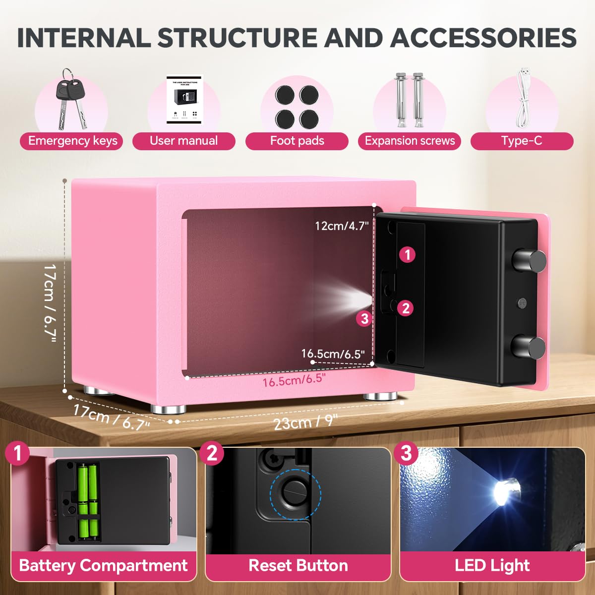 Small Home Safe, 6.7”D x 9”W x 6.7”H, Electronic Keypad Lock Security Box for Cash, Jewelry, Passport, Hidden Safe for Closet, College Dorm Room, Pink