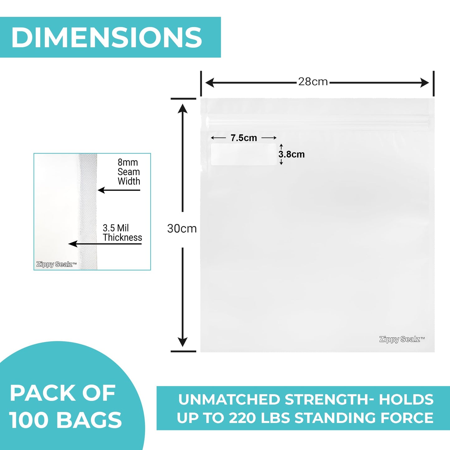 Zippy Sealz V3 1/2 Lb Smell Proof Bags 28x30cm, 100 Pack Double Zipper Reusable Waterproof Floating Ziplock Bags with Quick Zip Tool, Extra Thick 3.5 Mil BPA Free for Herbs, Food & Valuables