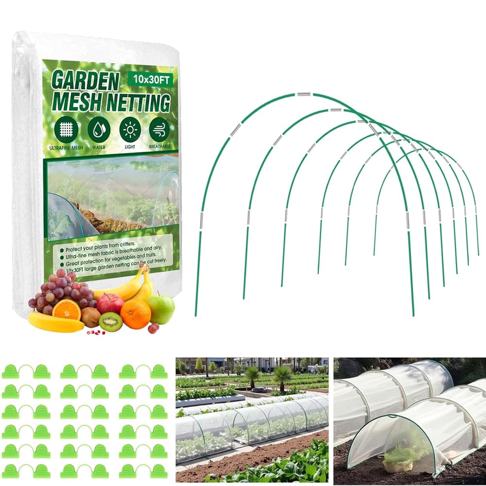 Garden Netting Kit for Raised Beds, 10x33FT Ultra Fine Mesh Netting with 6 Sets of Fiberglass Garden Hoops for Raised Beds, Vegetable Plants Fruits Flowers Birds Animals Barrier Protection Net