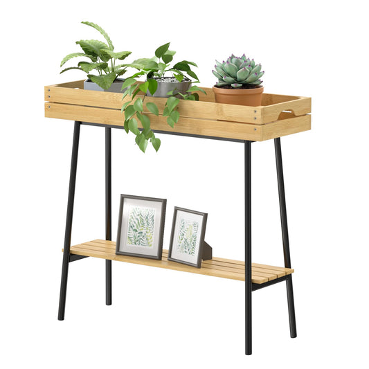 BAMBANG Bamboo Plant Stand Indoor, 2 Tier Wood Small Plant Table, Tall Plant Stand for Indoor Plants, Window Sill Plant Shelf, Flower Pot Holder Plant Bench Plant Rack for Living Room Balcony Outdoor