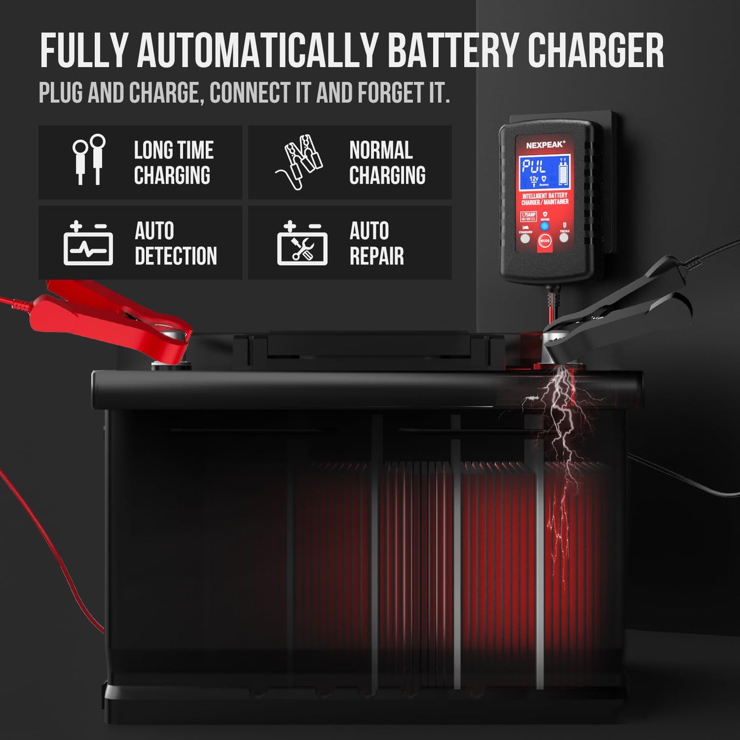 [2-Pack] 1.75A Car Battery Charger, 6V and 12V Smart Fully Automatic Battery Charger Maintainer, Trickle Charger, Battery Desulfator for Car, Lawn Mower, Motorcycle, Boat, Marine Lead Acid Batteries