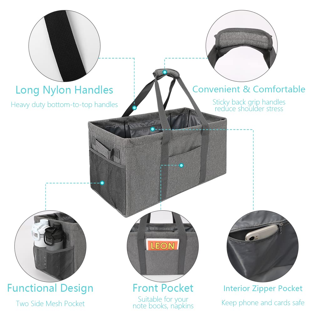 Vomgomfom 50L Extra Large Utility Tote Bag for Men Women, Resuable Grocery Bag with Collapsible Steel Wire Frame, Pool Beach Basket for Shopping, Beach, Picnic, Laundry (Gray)