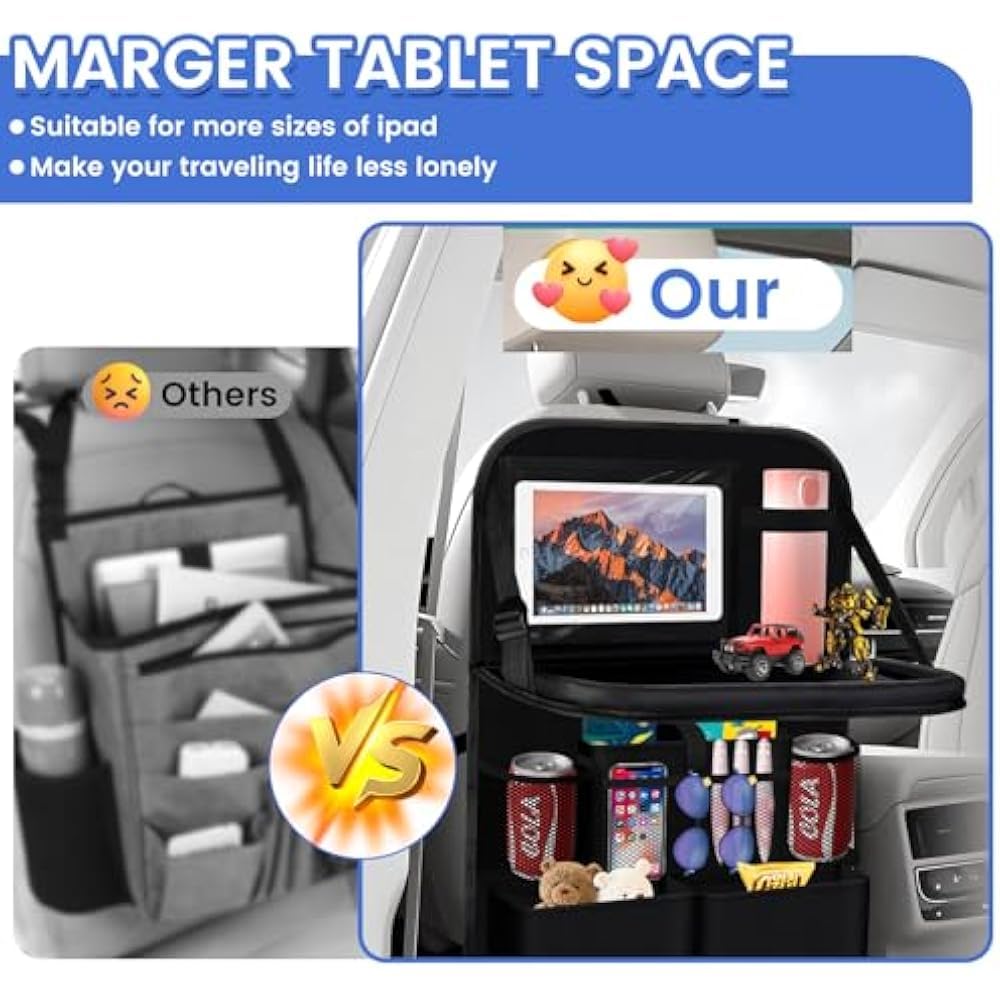 2 Pack Car Back Seat Organizer with Tablet Holder, Multi-Storage Pockets, Foldable Table Board, Black Travel Accessory for Electronics, Toys, Drinks