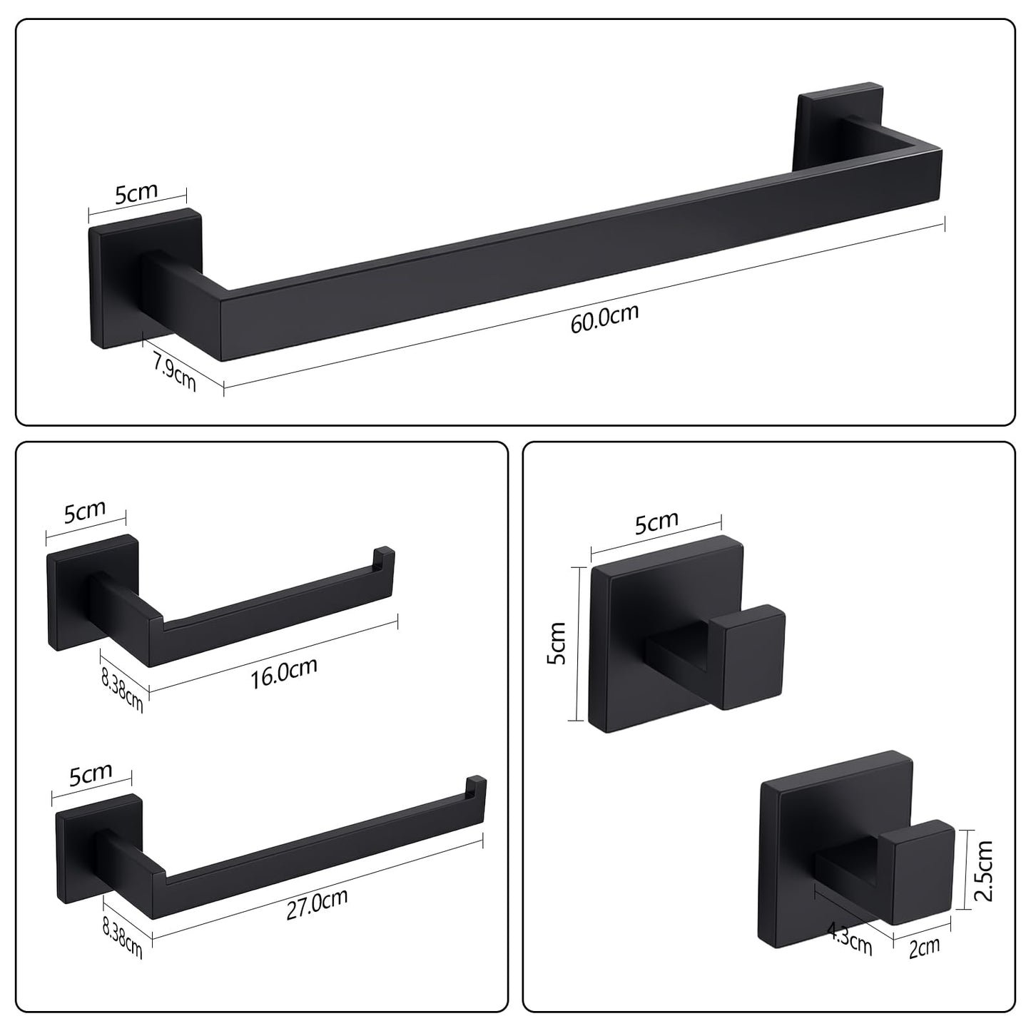 5-Piece Black Bathroom Hardware Accessories Set - 60cm/24inch Towel Bar, Toilet Paper Holder, 27cm Hand Towel Holder, 2 Wall Hooks, SUS304 Stainless Steel Bath Towel Bars Set, Screw-in Towel Racks Set