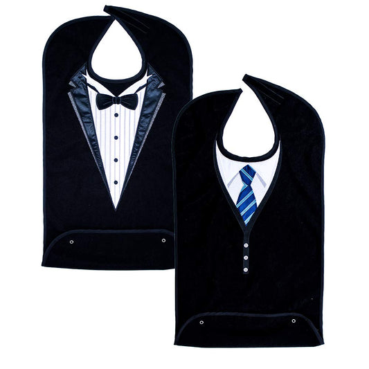 Classy Pal | Adult Bib for Men with Embroidered Design. Waterproof Reusable & Washable | 2 Pack (Blue Tie + Tuxedo)