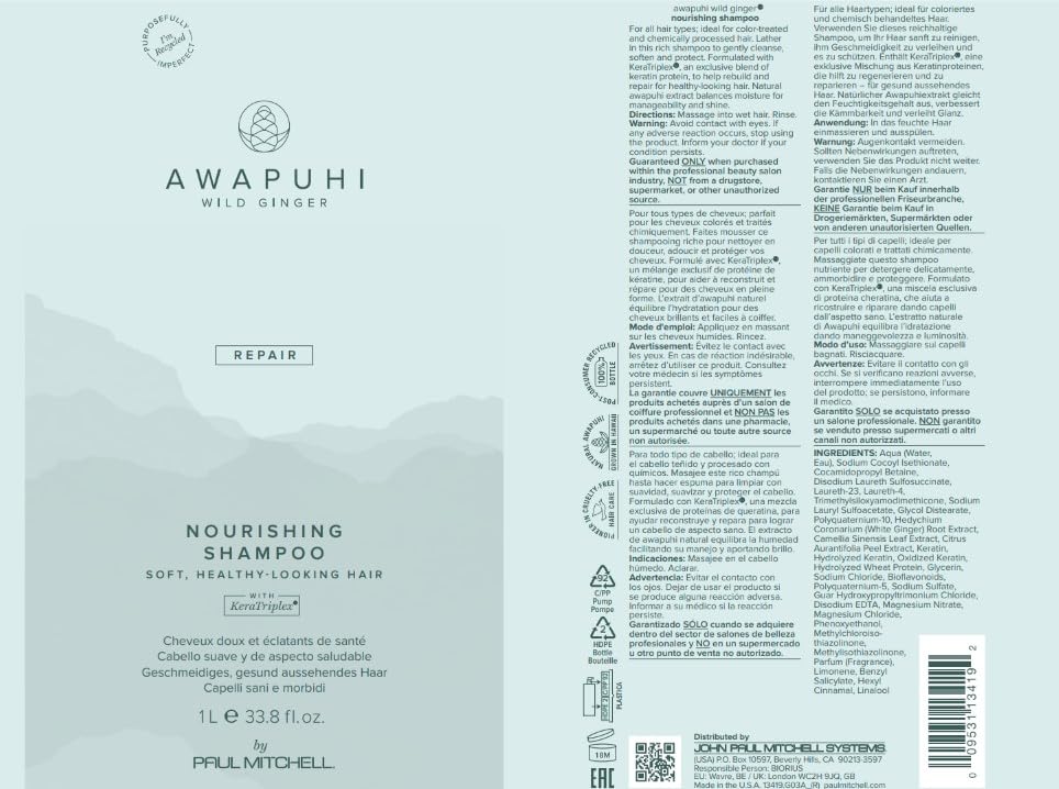 Awapuhi Wild Ginger by Paul Mitchell Nourishing Shampoo, Ultra Rich, Color-Safe Formula, For Dry, Damaged + Color-Treated Hair, 1L