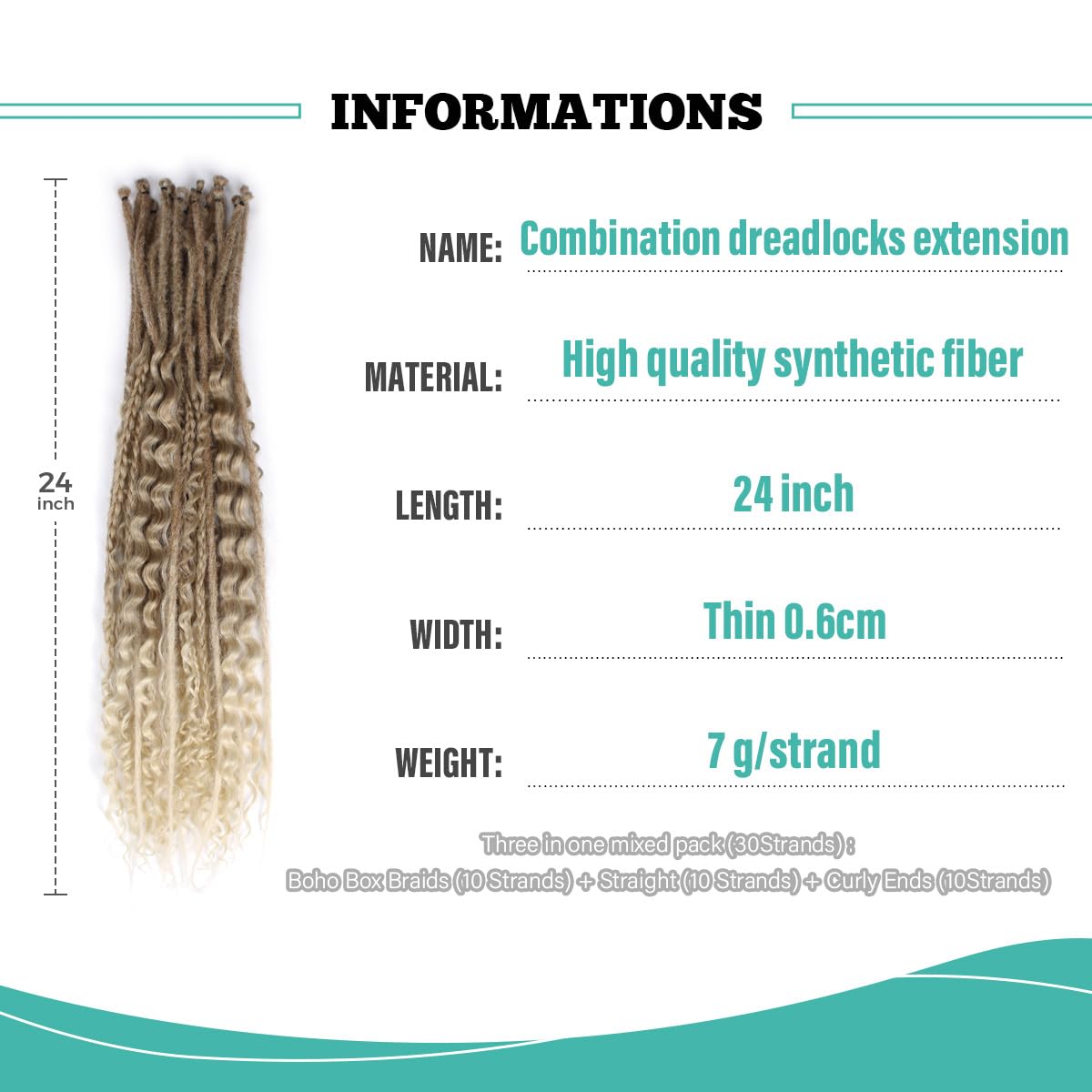 Pouweney 24 Inch 3 In 1 Dreadlock Extensions Sets, 30 Strands Mixed Brown to Blonde Synthetic SE Dreads Extensions, 100% Handmade Soft Single Ended Curly Boho Wavy Dreads for Girls