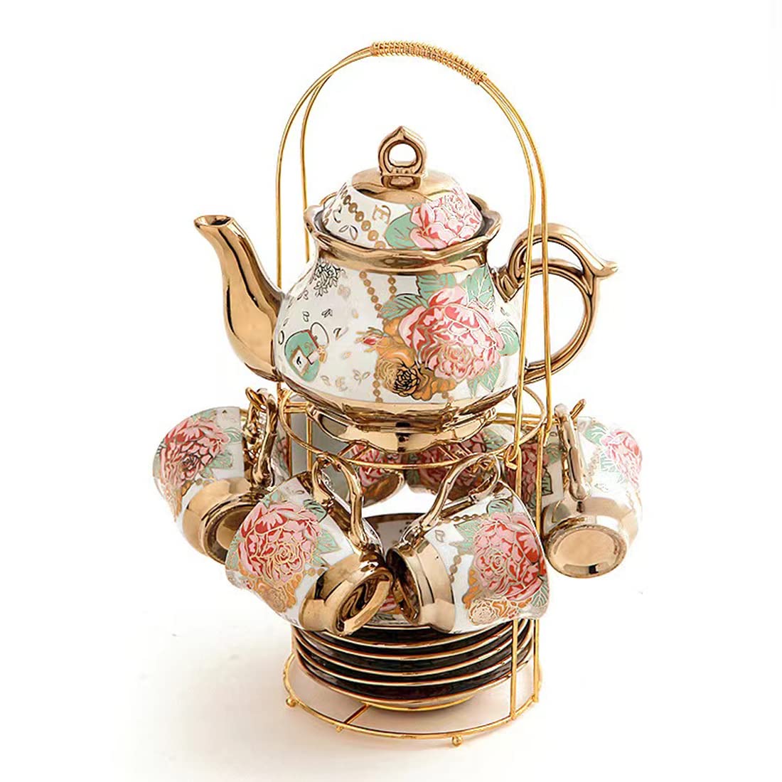 CHANJOON Tea Sets Gold Plated Red Rose Ceramic Tea Set, Vintage Teapot Tea Sets Beautiful Tea Set Coffee Serving 6 People (Golden, Large)