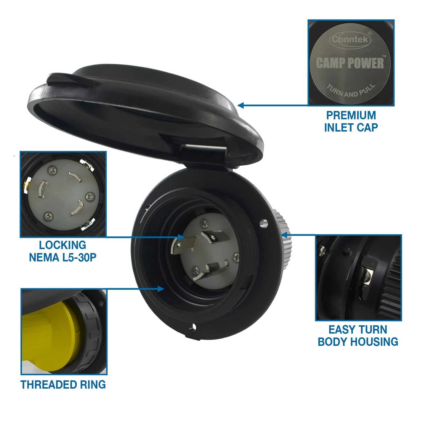 Conntek 30 Amp 125 Volt RV Marine Power Inlet - Black