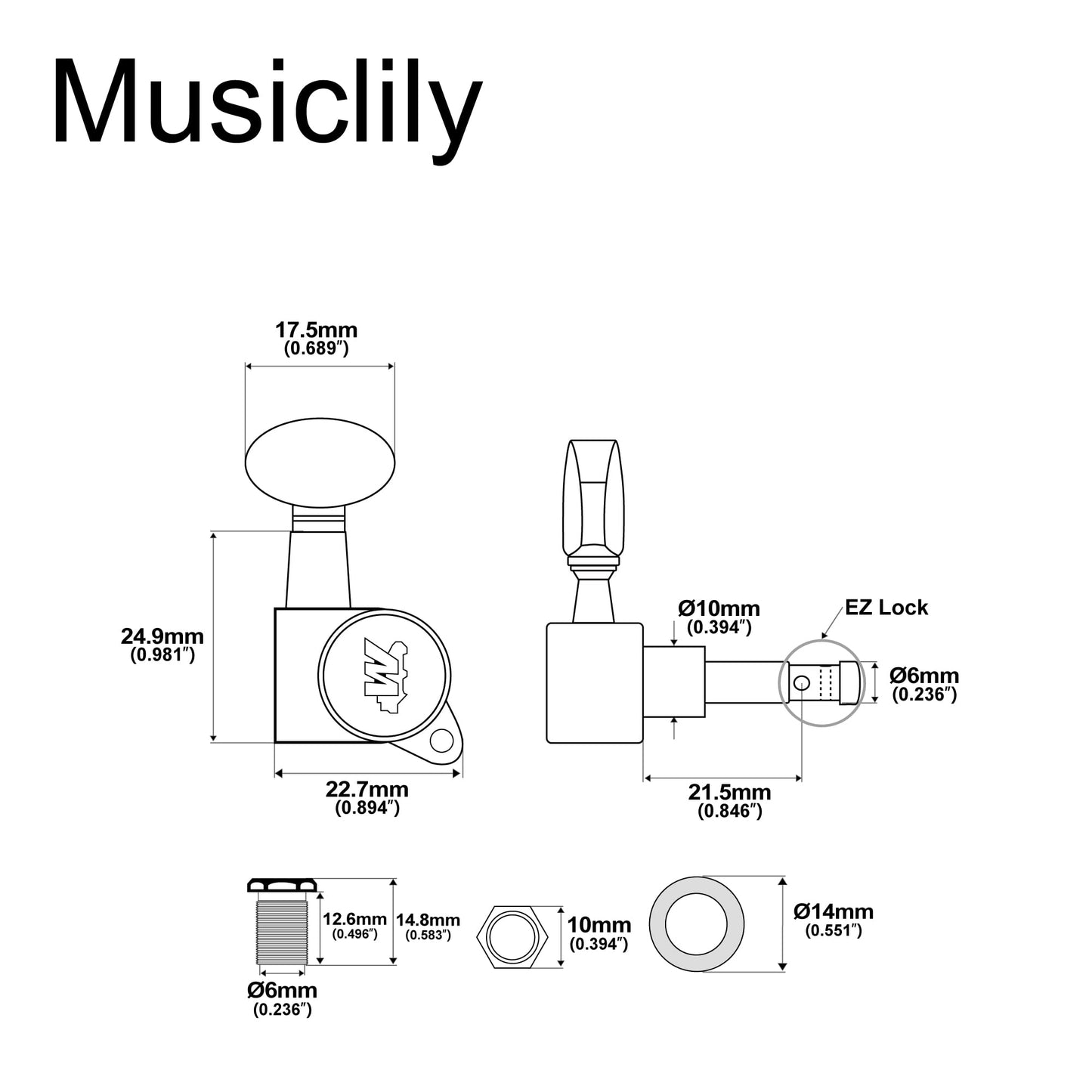 Wilkinson 6-in-line E-Z-LOK Mini Oval Button Guitar Tuners Machine Heads Tuning Pegs Keys Set for Fender Strat/Tele Electric Guitar, Chrome