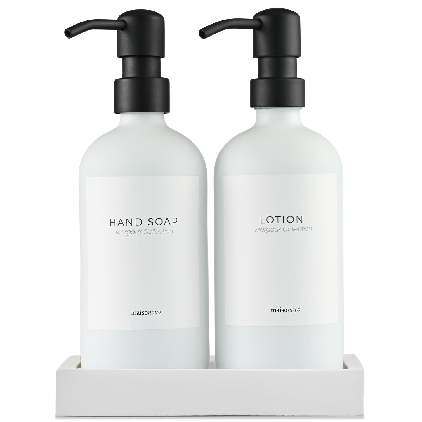 MaisoNovo Bathroom Soap Dispenser Set - Soap and Lotion Dispenser Set with White Soap Dispenser, Black Pumps & Concrete Tray