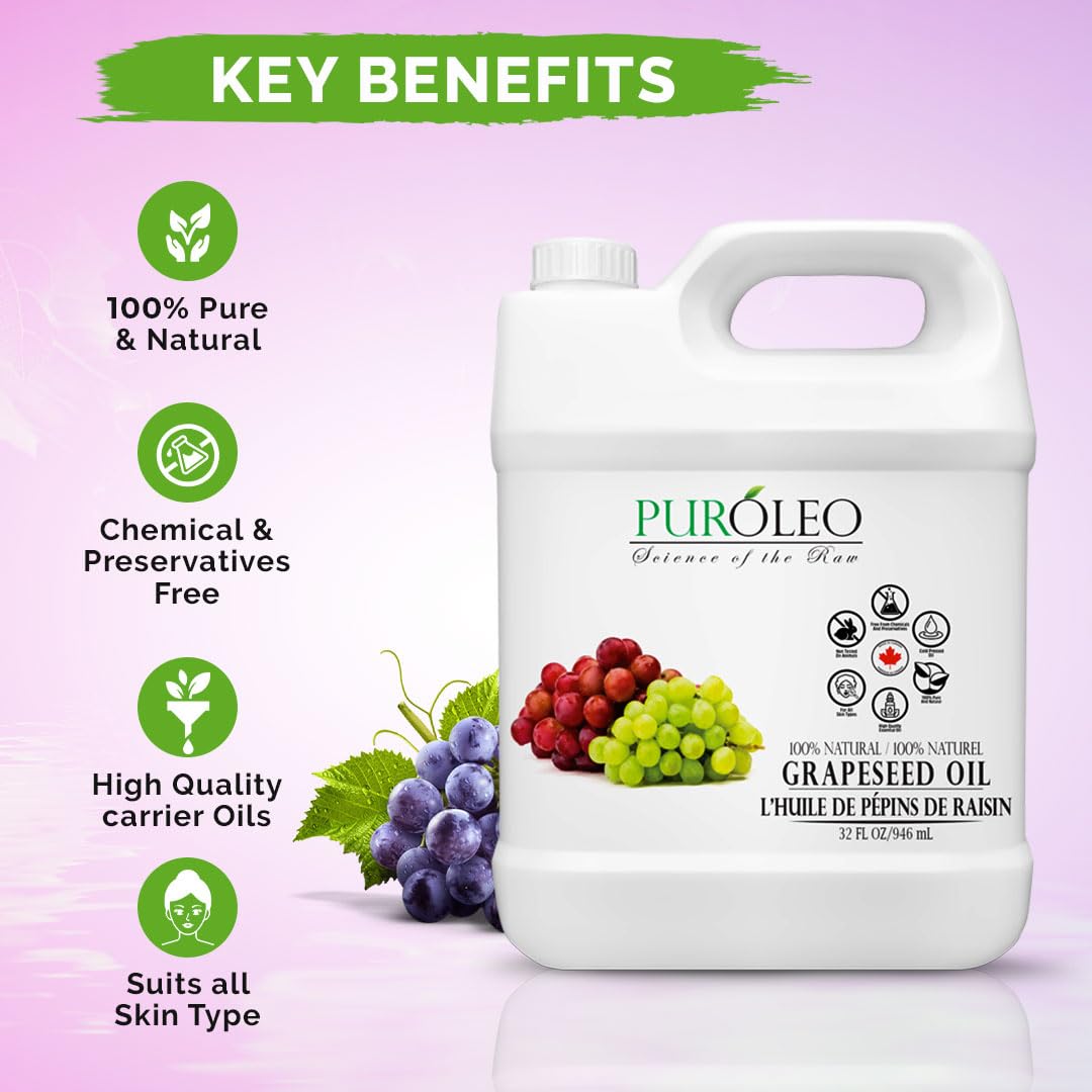 PUROLEO Grapeseed Oil 32 Fl Oz/946 ML (Packed IN CANADA) | Pure Moisturizer Carrier Oil massage oil baby oil hair oil body oil baby oil hair care Oil for hair | Beauty & DIY blend 100% Natural