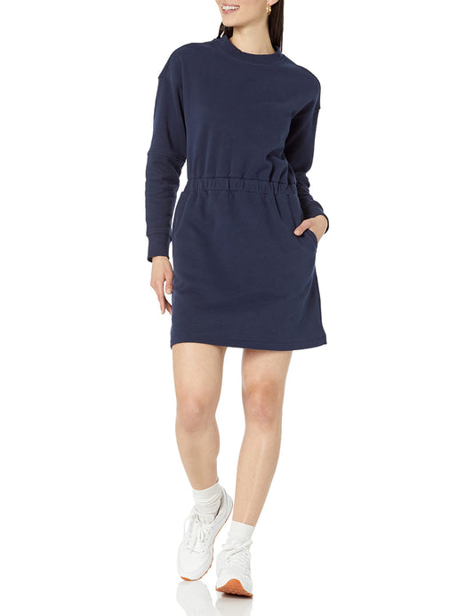Amazon Essentials Women's Waisted Sweatshirt Dress (Available in Plus Size), Navy, Small