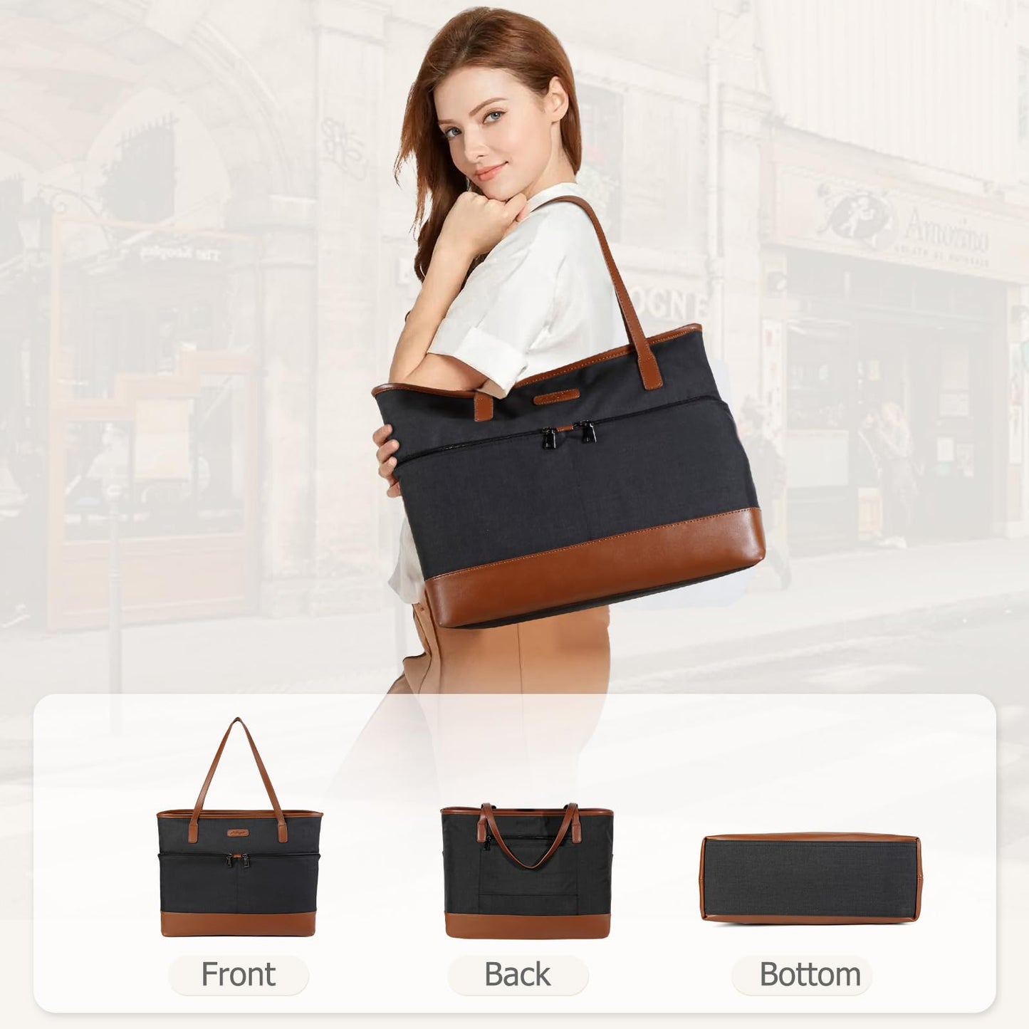 Kasqo Laptop Tote Bag for Women, 15.6 Inch Water Resistant Work Computer Purse Large Shoulder Bag Briefcase Travel Handbag for Office Bussiness with Luggage Sleeve Black and Brown
