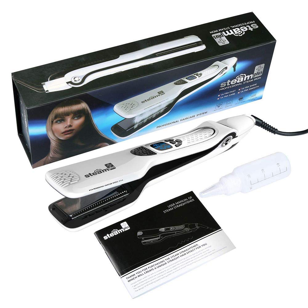 JUKEY Professional Steam Hair Straightener, Electric Fast Steam Hair Straightener Brush Titanium Ceramic Flat Iron, with Anti-Static Technology and Digital Controls Suitable for All Hair Types, White