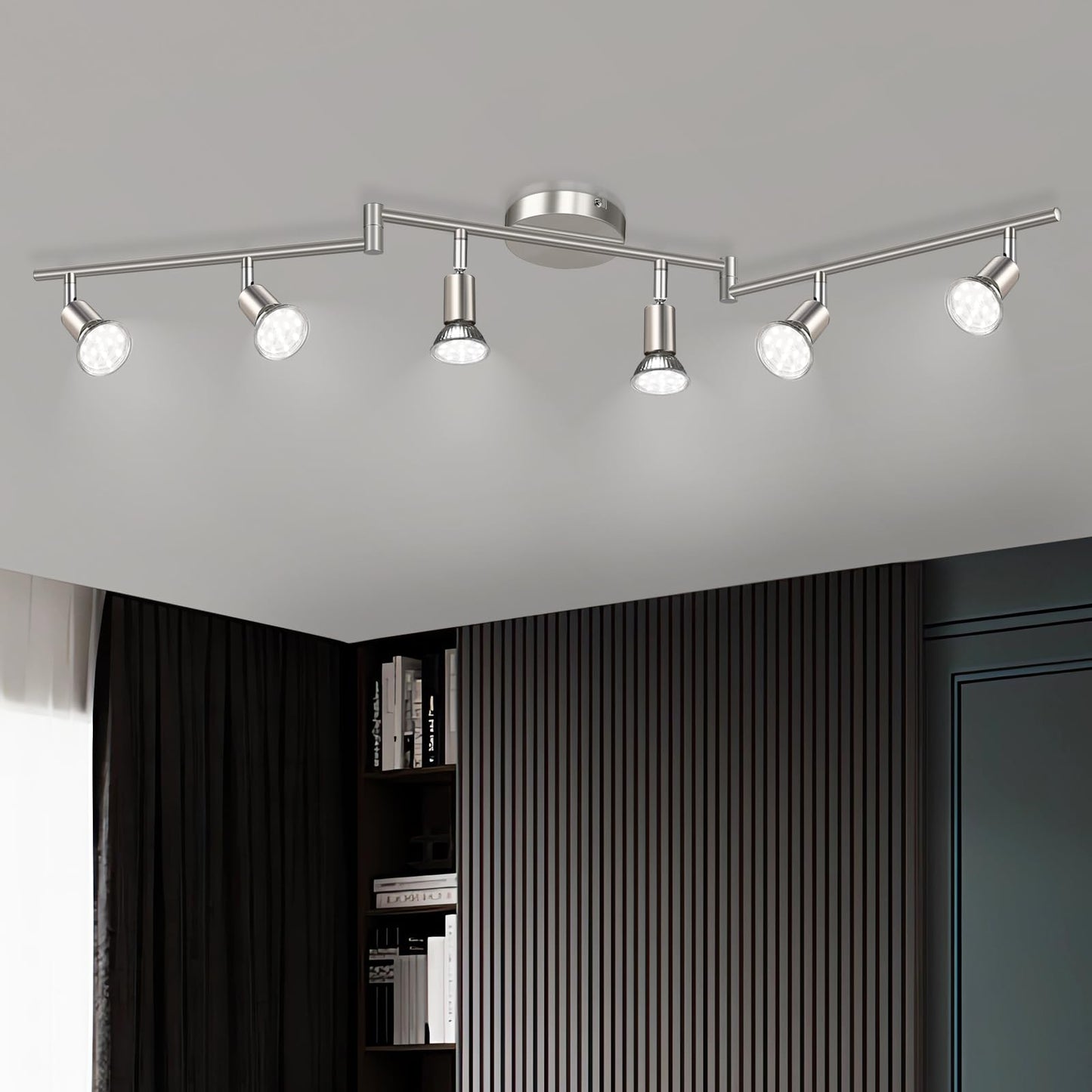Unicozin 6 Light Track Lighting Kit, Matt Nickel LED Track Light with Flexibly Rotatable Light Head, Foldable Ceiling Spot Light Included LED GU10 Bulbs (4W, 400LM, Daylight White 5000K)