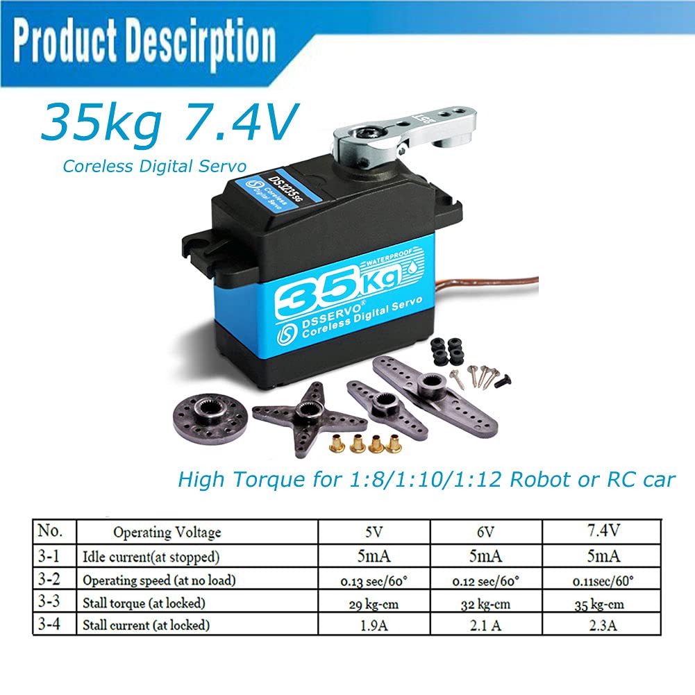 ANNIMOS 35KG Coreless Digital Servo Motor HV 7.4V Stainless Steel Gear High Torque Waterproof Standard Baja Servos for Robotic DIY RC Cars - 270 Degrees