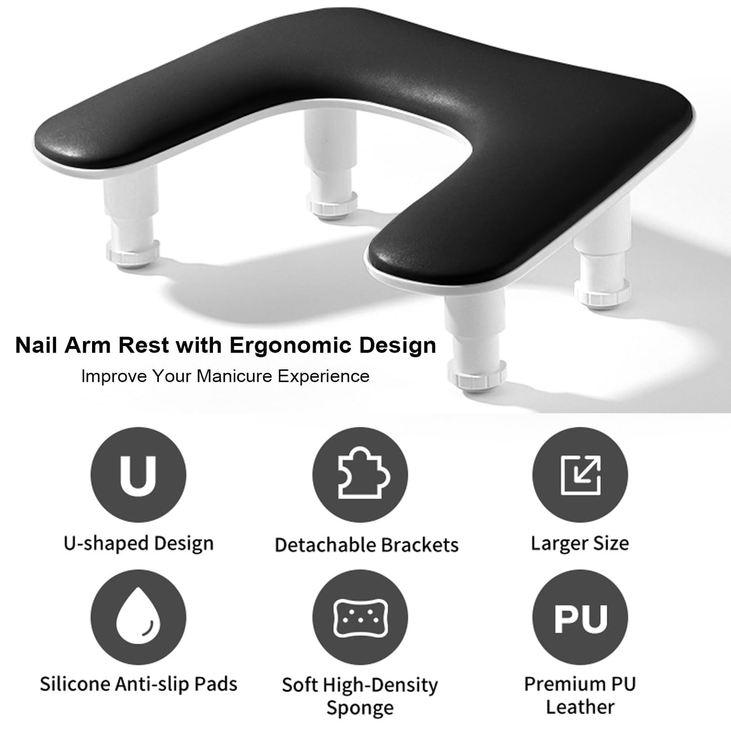 New Upgrade Height Adjustable Nail Arm Rest for Nails Tech - Ergonomic Slope Angle Hand Rest for Nails Tech Height Adjustable U-shaped Manicure Nail Arm Rest Stand White Big Armrest Microfiber PU Leather Hand Rest Pillow for Acrylic Nail Art Cushion (Blac