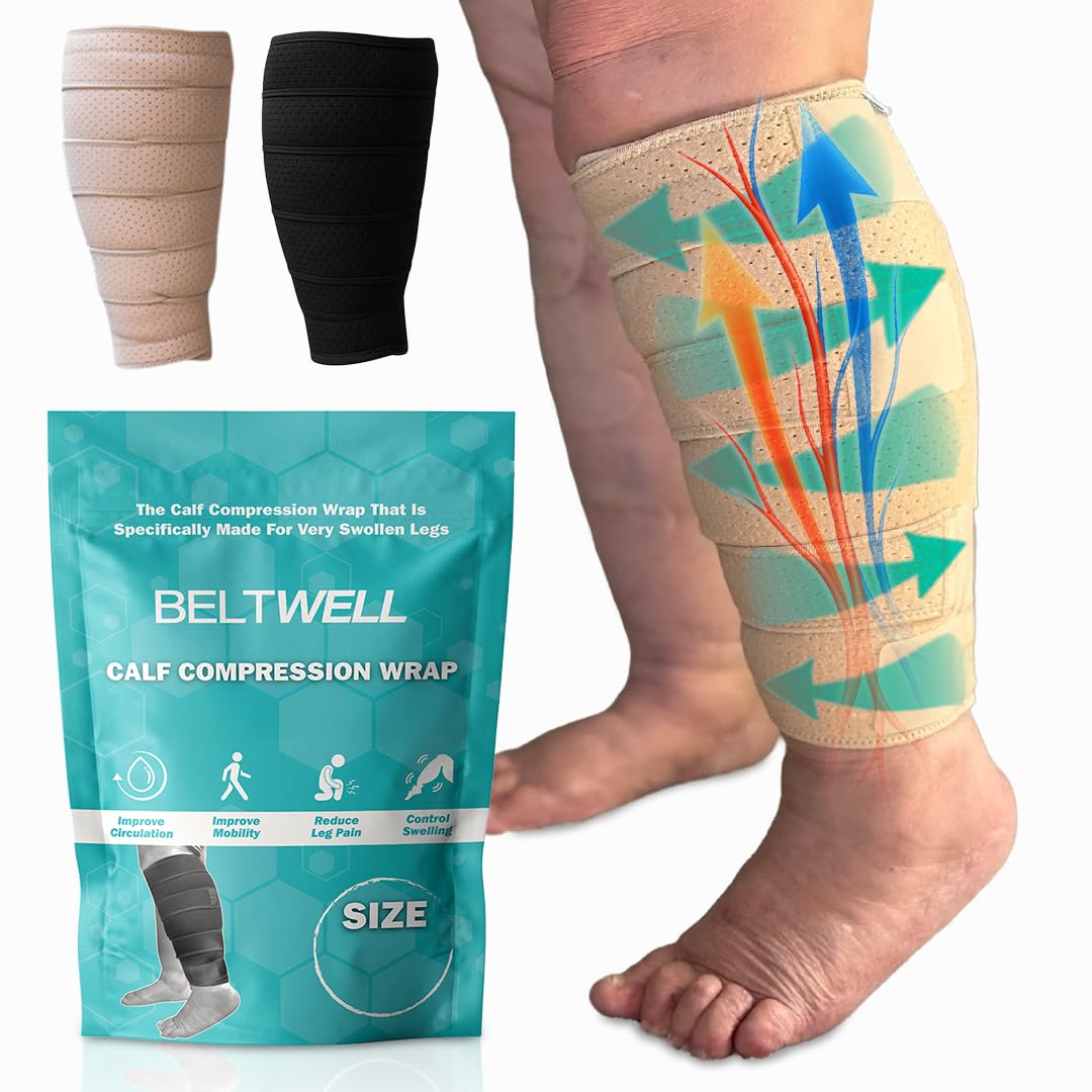 Beltwell Compression Wrap - Medical Grade 6-Adjustable Straps for Swelling, Lymphedema, Edema, Varicose Veins, and Improved Circulation - Comfortable Fit for Easy Walking and Daily Activities (Beige, M - TALL)