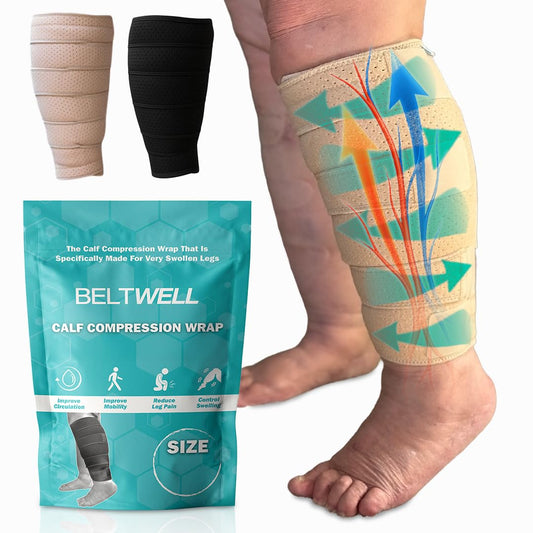 Beltwell Compression Wrap - Medical Grade 6-Adjustable Straps for Swelling, Lymphedema, Edema, Varicose Veins, and Improved Circulation - Comfortable Fit for Easy Walking and Daily Activities (Beige, M - TALL)