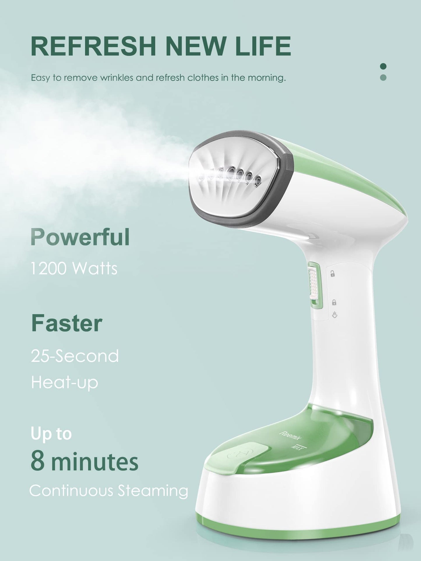 Reemix Steamer for Clothes, Foldable Steam Iron, Handheld Travel Clothes Steamer, 20g/min Strong Penetrating Steam, 25-Sec Fast Heat-up, for Home, Office and Travel (Green)