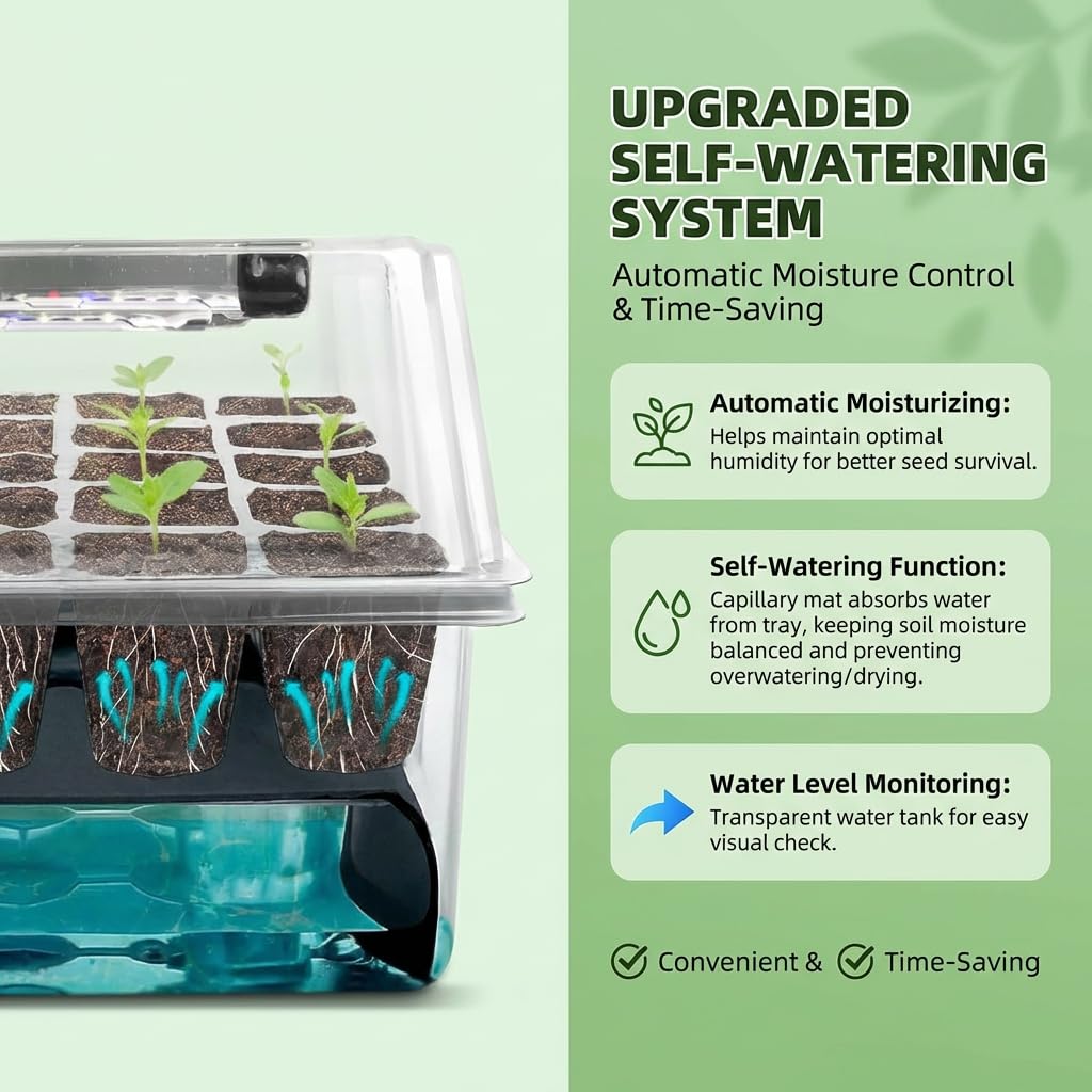 Self Watering Seed Starter Tray with Grow Light, 120 Cells Germination Station with Adjustable Timer, Seedling Starter Kit for Indoor Plants, High Lid Humidity Dome & Capillary Mat for Seed Growing