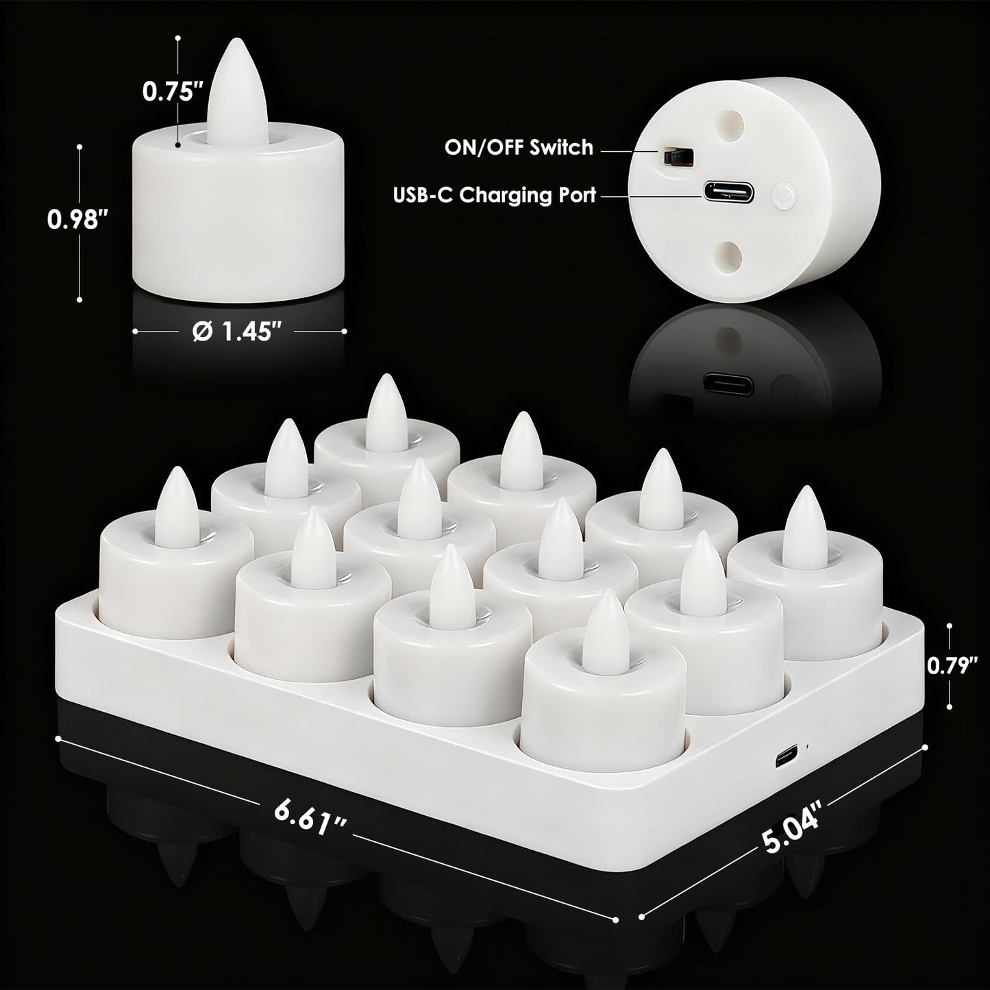 Ropelux 12 Rechargeable Tea Lights with Charging Base,Realistic Flickering Dimmable LED Candles with Remote Control Timer in Warm Yellow for Christmas,Weddings, Parties, Festivals (12 Pack)