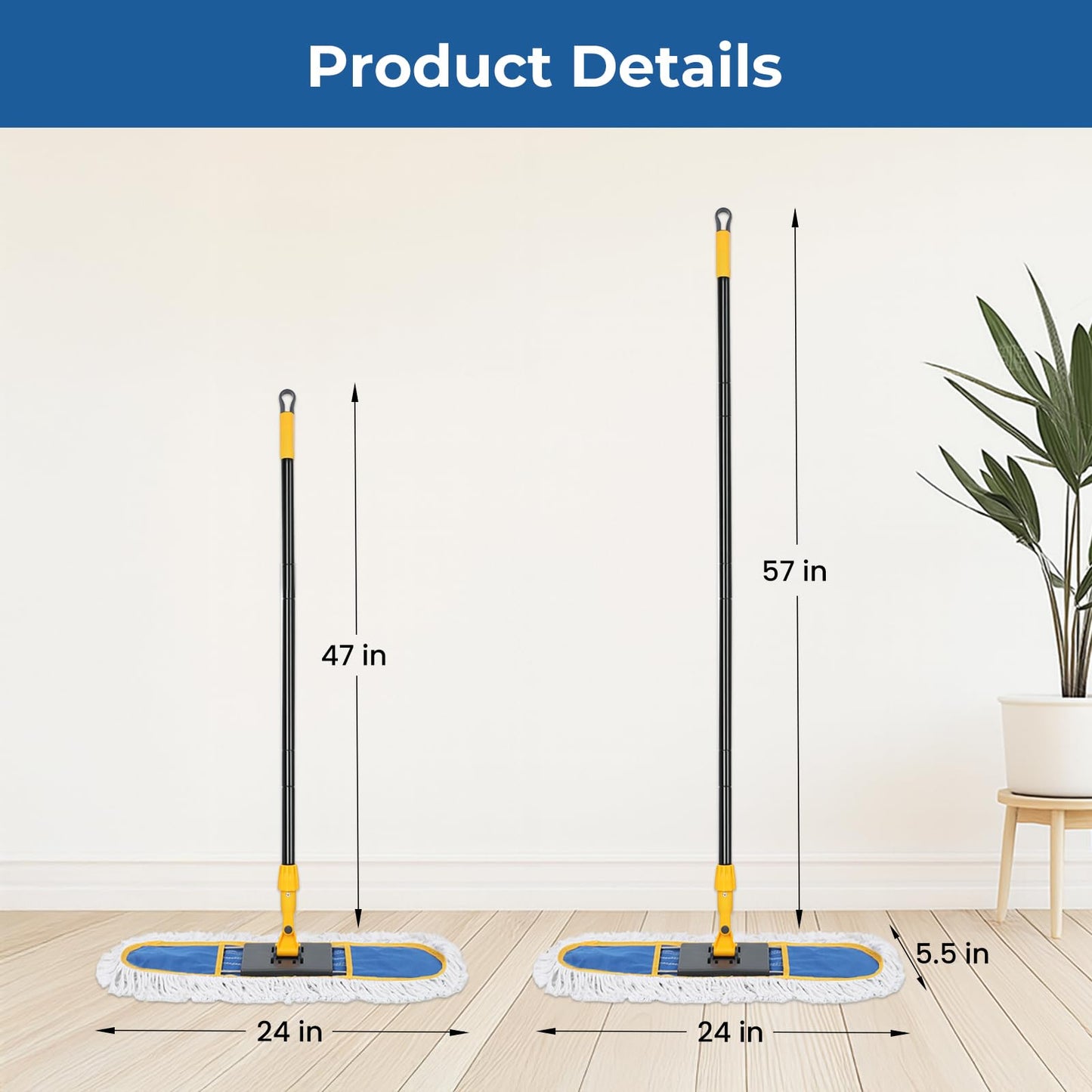 24" Dust Mop for Floor Cleaning, Large Areas Dry & Wet Mop with 2 Washable Cotton Pads, Efficiently Picks Up Pet Hair & Dust for Hardwood, Tile, Laminate, Patio