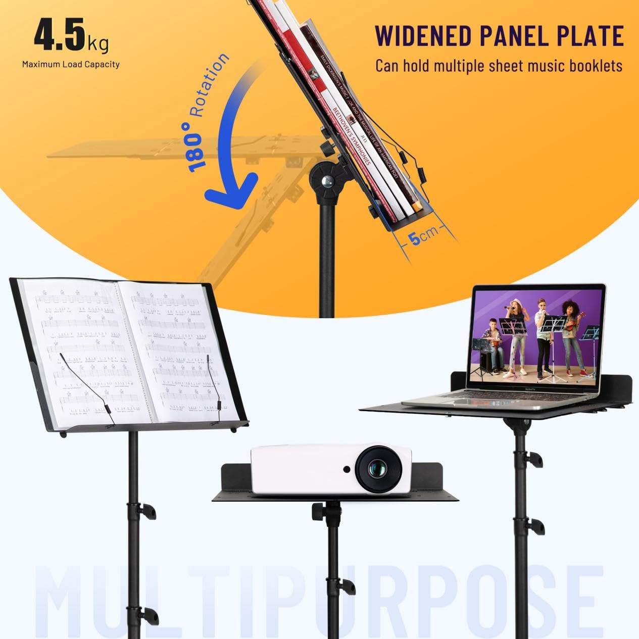 CAHAYA Sheet Music Stand Foldable: Music Stands with Tri-fold Panel Height Adjustable up to 170cm Metal Material Portable Sturdy for Music Book Laptop Notebook