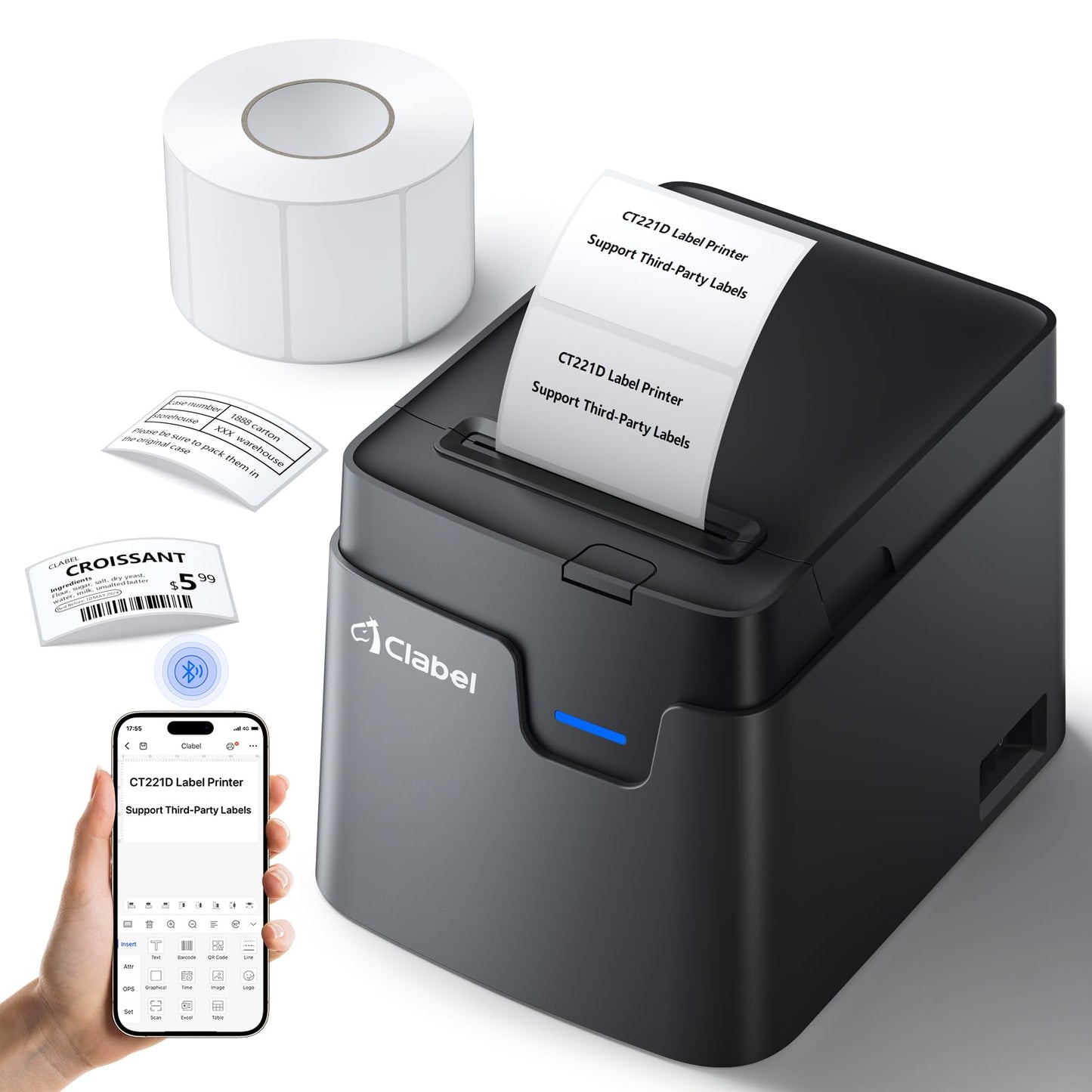 CLABEL 221D Label Maker Machine with Tape, 2 Inch Thermal Label Printer, Desktop Bluetooth Sticker Maker Machine Barcode Labeler Compatible with Phone & PC for Small Business Retail Office