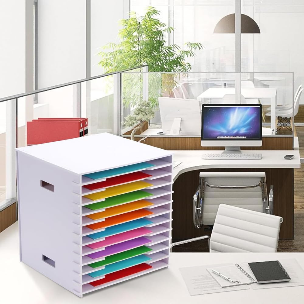 12x12 Scrapbook Paper Organizer Storage,12 Tier Desk File Organizer with Adjustable Shelves,12x12 Stackable Scrapbook Paper Storage Cube Letter Mail Tray for Home Office Classroom