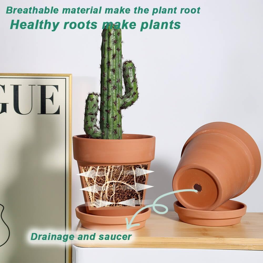 vensovo 6 Inch Clay Pot for Plant with Saucer - 4 Pack Large Terra Cotta Plant Pot with Drainage Hole, Flower Pot with Tray, Terracotta Pot for Indoor Outdoor Plant