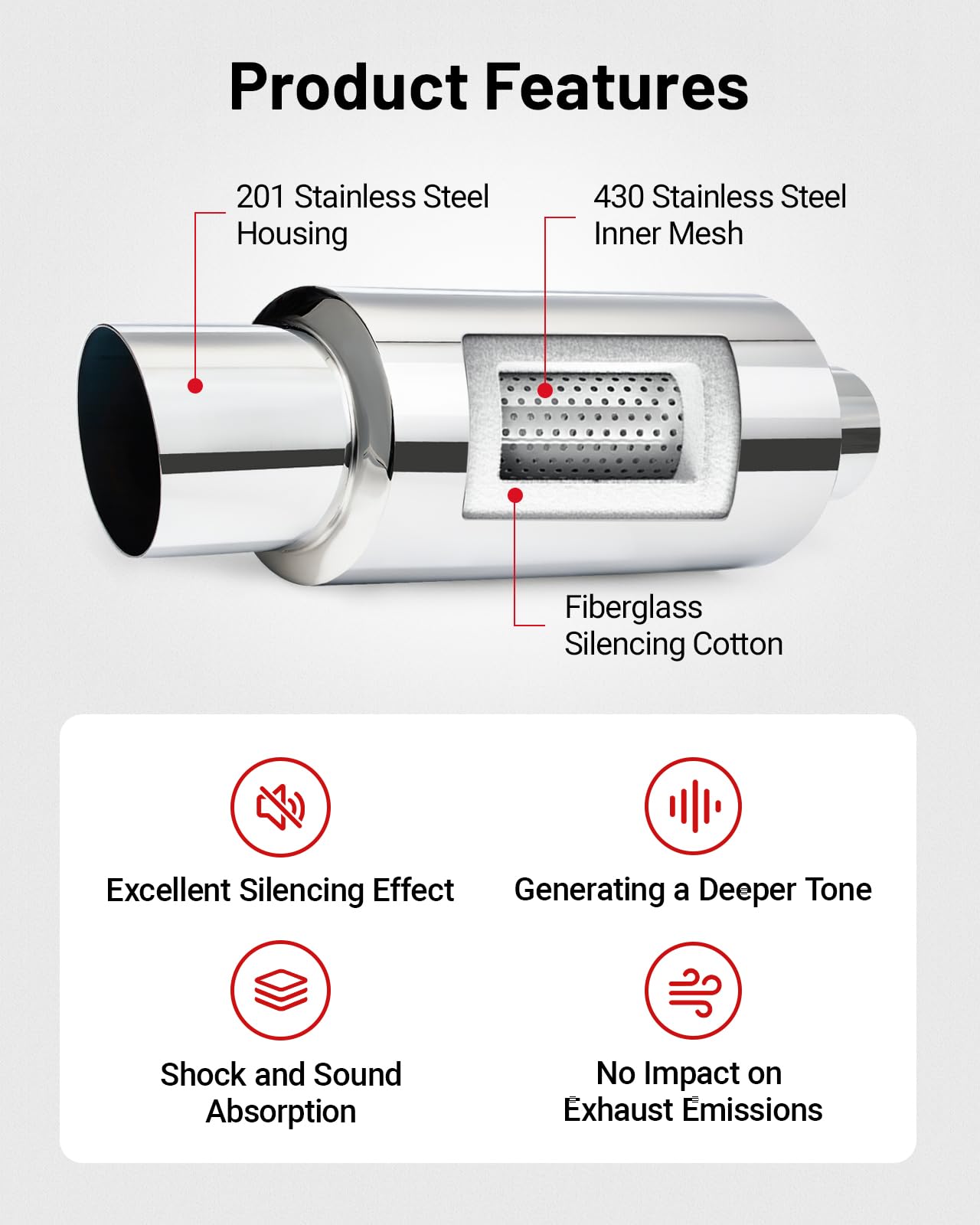 EVIL ENERGY 2'' Inlet 3'' Outlet Exhaust Muffler Tip Universal for Car Stainless Steel 14.6'' Length